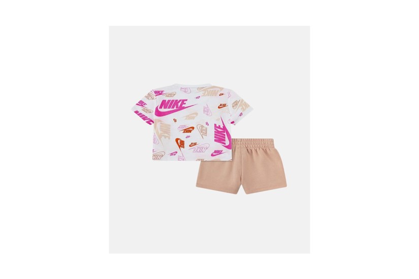 Nike Sportswear Allover Print Παιδικό Σετ Κοντομάνικη Μπλούζα - Σορτς Λευκό, Σομόν, Φούξια