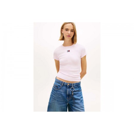 Tommy Jeans Badge Ribbed Slim Fit Γυναικείο Κοντομάνικο T-Shirt Ροζ