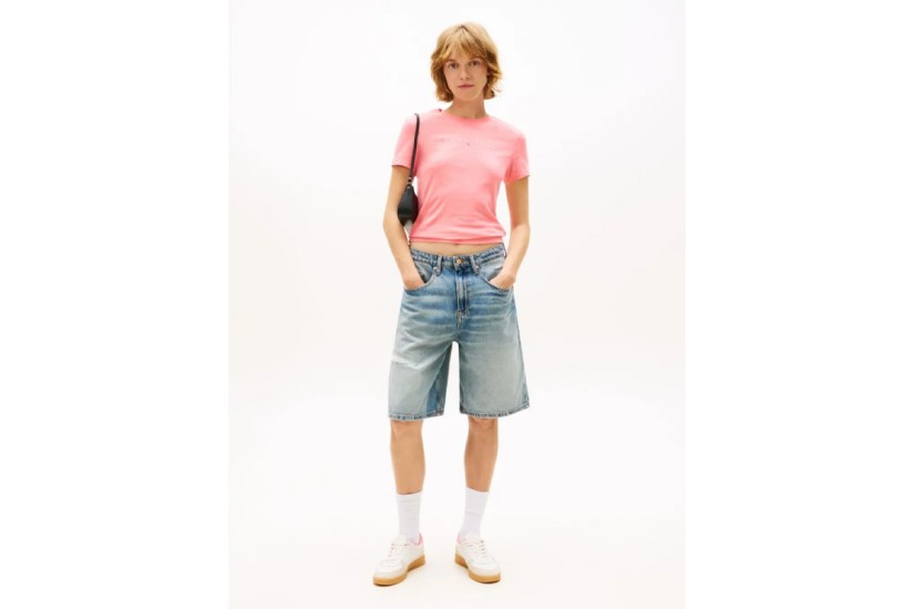 Tommy Jeans Slim Linear Γυναικείο Κοντομάνικο T-Shirt Ροζ