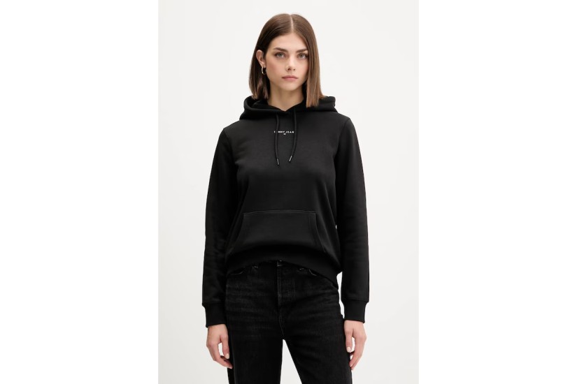 Tommy Jeans Linear Logo Fleece Γυναικείο Φούτερ με Κουκούλα Μαύρο