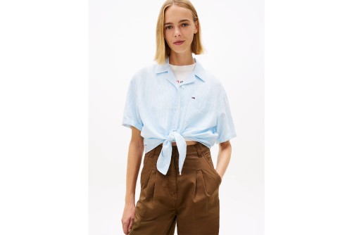 Tommy Jeans Linen Blend Tie Front Πουκάμισο Κοντομάνικο Γυναικείο (DW0DW22210 0A6)