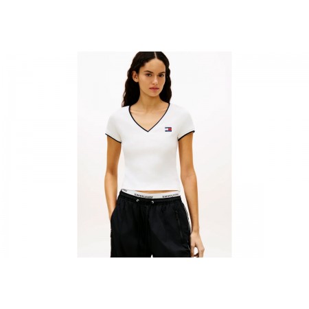Tommy Jeans Badge V-Neck Γυναικείο Κοντομάνικο T-Shirt Εκρού, Μπλε Σκούρο