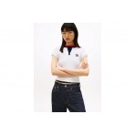 Tommy Jeans Badge Henley Ribbed Γυναικείο Κοντομάνικο T-Shirt Εκρού, Μπλε Σκούρο