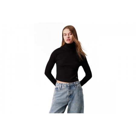 Calvin Klein Γυναικεία Cropped Μπλούζα με Ζιβάγκο Μαύρο