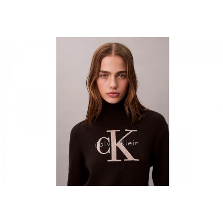 Calvin Klein Soft Chenille Roll Neck Γυναικείο Πουλόβερ Μαύρο, Μπεζ