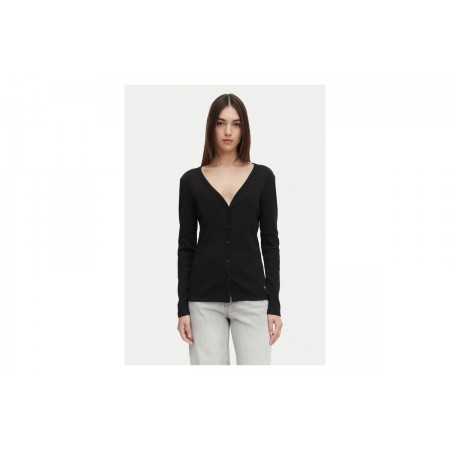 Calvin Klein Woven Label Baby Rib Γυναικεία Βαμβακερή Ζακέτα Μαύρη