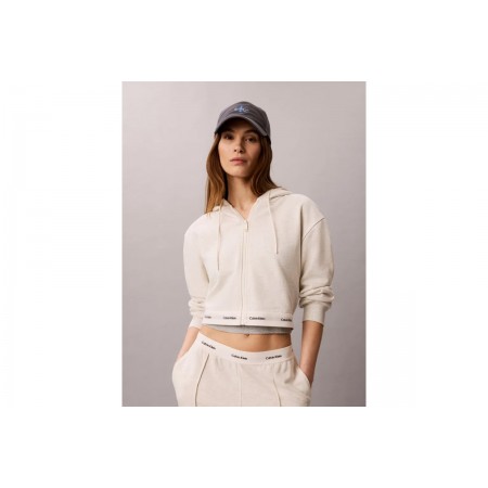 Calvin Klein Cropped Logo Γυναικεία Βαμβακερή Ζακέτα με Κουκούλα Εκρού