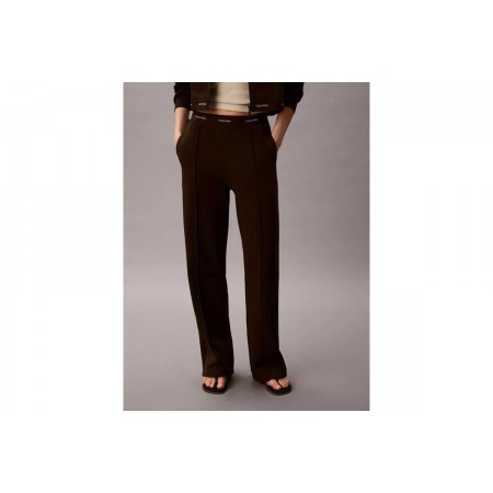 Calvin Klein Logo Waistband Wide Leg Γυναικείο Παντελόνι Φόρμας Καφέ