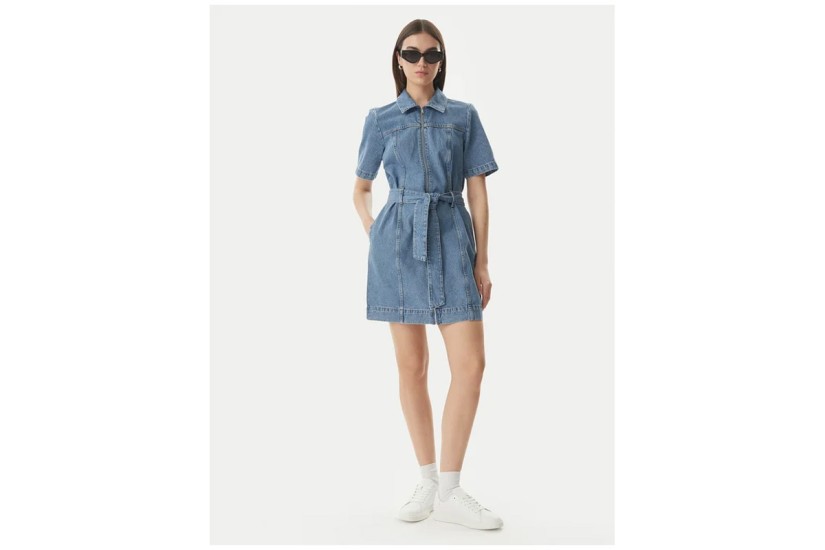 Calvin Klein Belted Denim Shirt Γυναικείο Φόρεμα Mini Μπλε