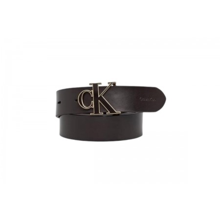 Calvin Klein Full-Grain Leather Logo Γυναικεία Buckle Ζώνη Casual Μαύρη, Ασημί