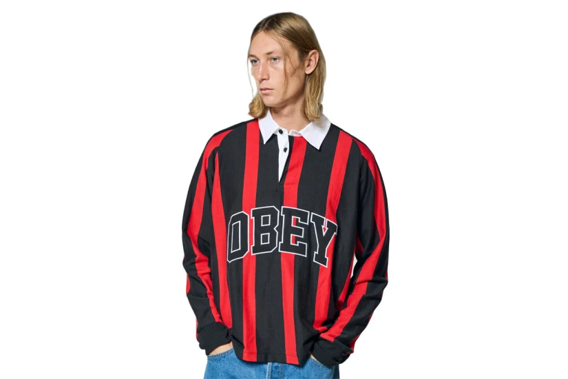 Obey Landon Stripe Ανδρική Μακρυμάνικη Μπλούζα Polo Μαύρη, Κόκκινη