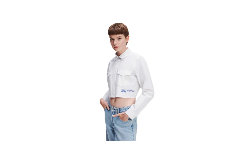 Karl Lagerfeld Cropped Logo Γυναικείο Μακρυμάνικο Πουκάμισο Λευκό