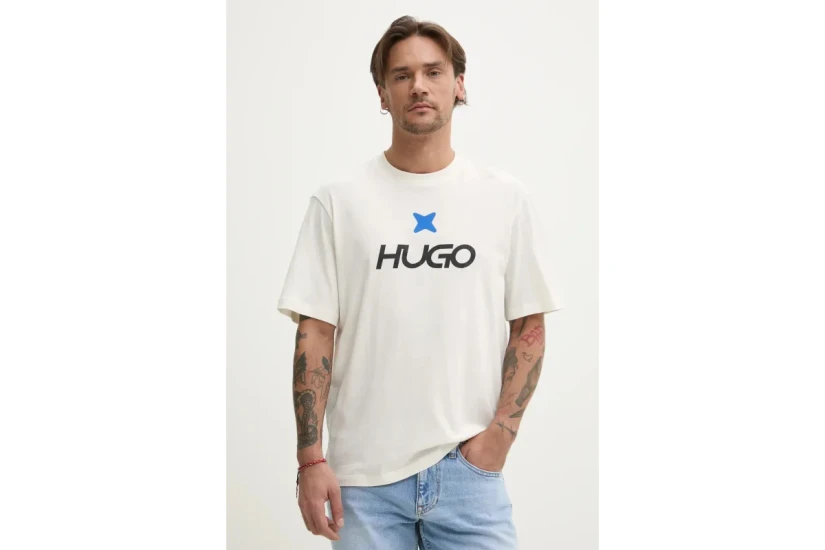 Hugo Newromi Logo Artwork Ανδρικό Κοντομάνικο T-Shirt Εκρού