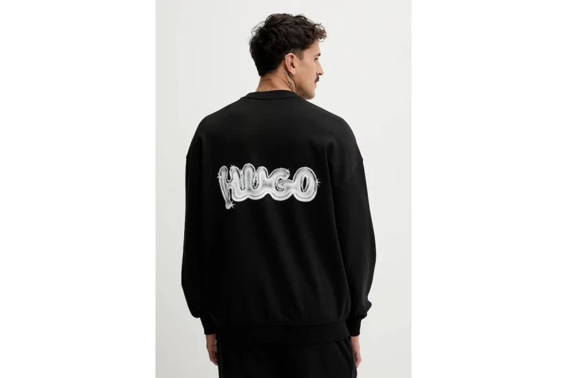 Hugo Nyrocrew With Logo Prints Ανδρική Μακρυμάνικη Μπλούζα Μαύρη