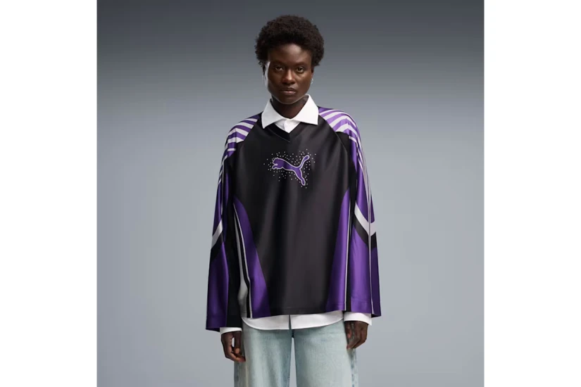 Puma Street Glam Bedazzled Jersey Γυναικεία Μακρυμάνικη Μπλούζα με V Μωβ, Μαύρη, Λευκή