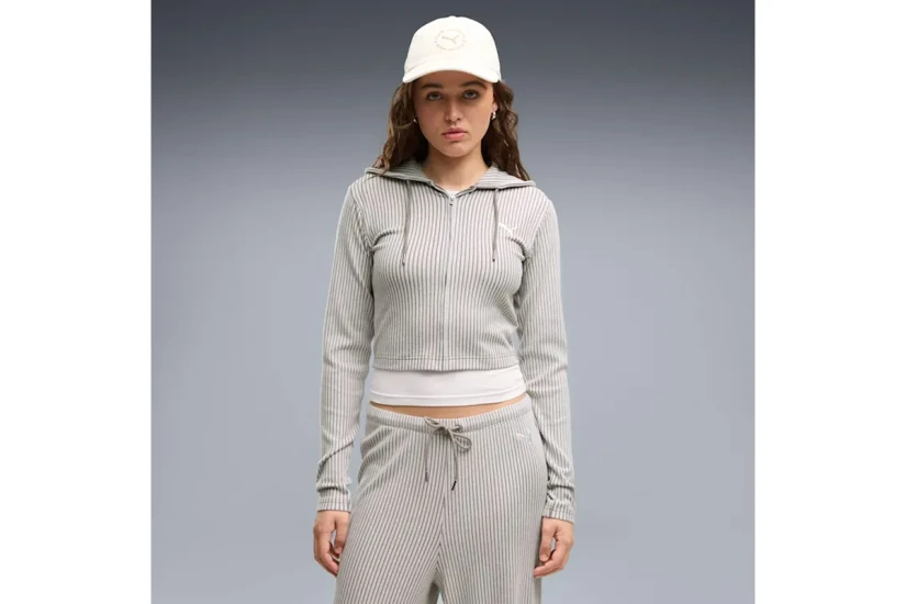 Puma Essentials Ribbed Γυναικεία Πολυεστερική Ζακέτα με Κουκούλα Γκρι