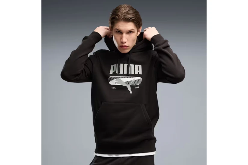 Puma Sport Logo Play Fleece Ανδρικό Φούτερ με Κουκούλα Μαύρο, Γκρι