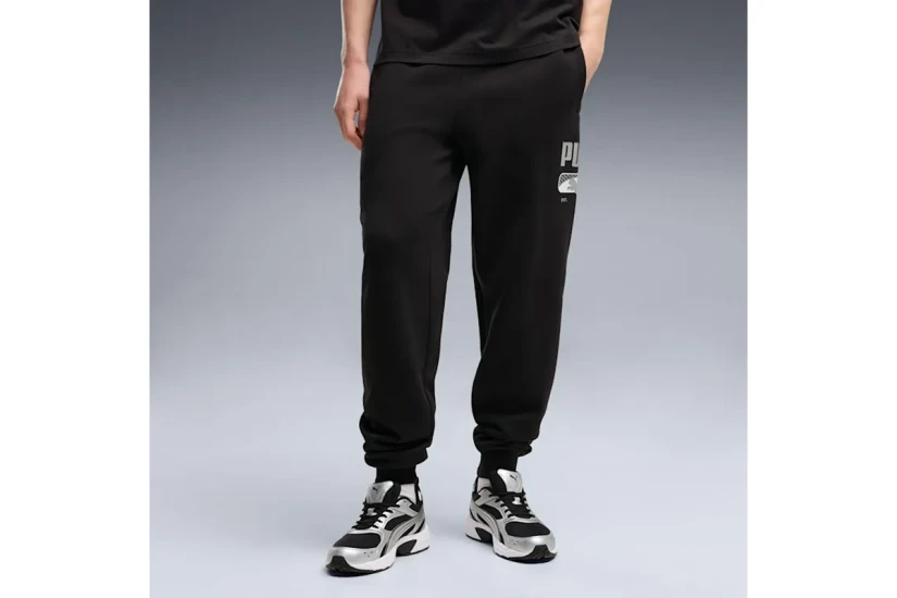 Puma Sport Logo Play Fleece Ανδρικό Παντελόνι Φόρμας Μαύρο, Γκρι