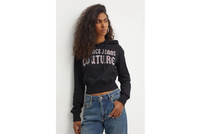 Versace Logo Goth Glitter Γυναικείο Φούτερ Με Κουκούλα Μαύρο