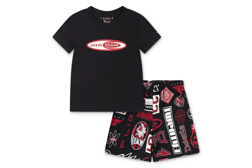 Jordan Brooklyn Essentials Παιδικό Σετ Κοντομάνικη Μπλούζα - Σορτς Μαύρο, Κόκκινο