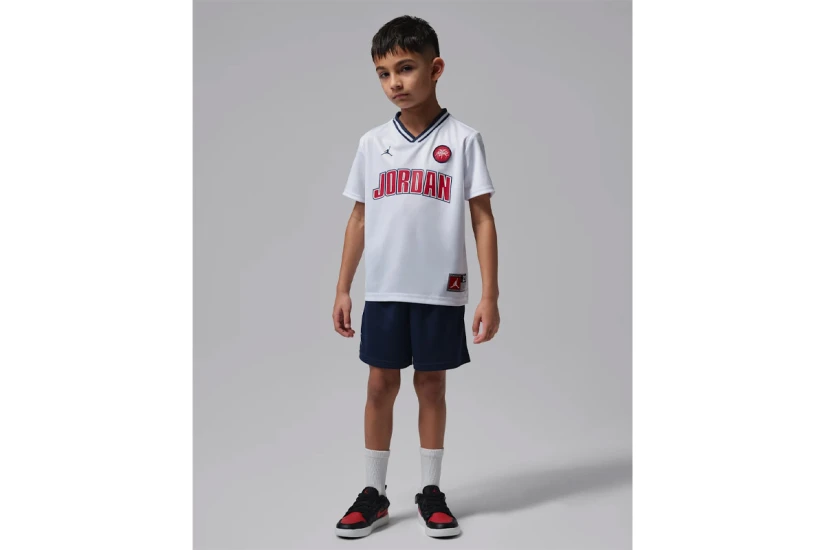 Jordan 23 Jersey Παιδικό Σετ Κοντομάνικη Μπλούζα - Σορτς Λευκό, Μπλε Σκούρο, Κόκκινο