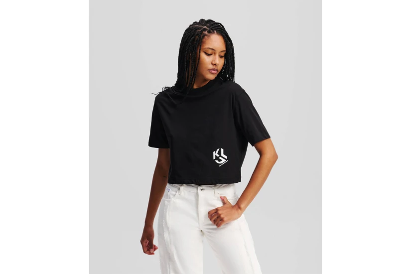 Karl Lagerfeld Cropped Monogram Γυναικείο Κοντομάνικο T-Shirt Μαύρο