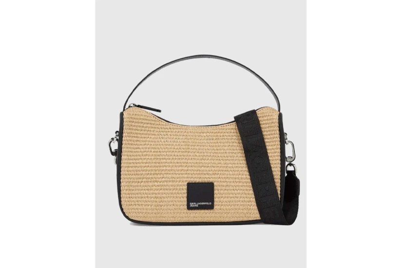 Karl Lagerfeld Logo Woven Raffia Mini Hobo Γυναικεία Τσάντα Ώμου-Χειρός Μπεζ, Μαύρη
