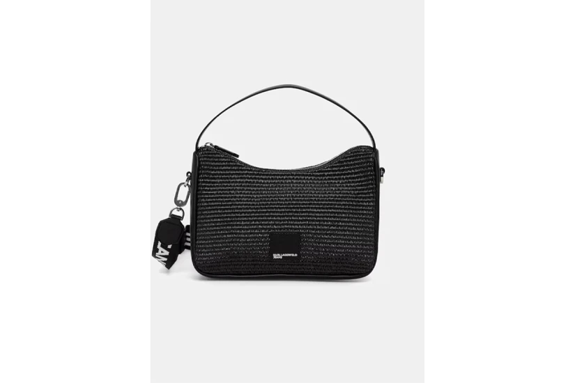 Karl Lagerfeld Logo Woven Raffia Mini Hobo Γυναικεία Τσάντα Ώμου-Χειρός Μαύρη