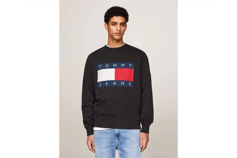 Tommy Jeans Relaxed Big Flag Crew Neck Μακρυμάνικη Μπλούζα Μαύρη