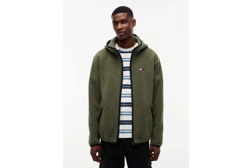 Tommy Jeans Badge Teddy Ανδρική Ζακέτα Sherpa με Κουκούλα Χακί, Μαύρη