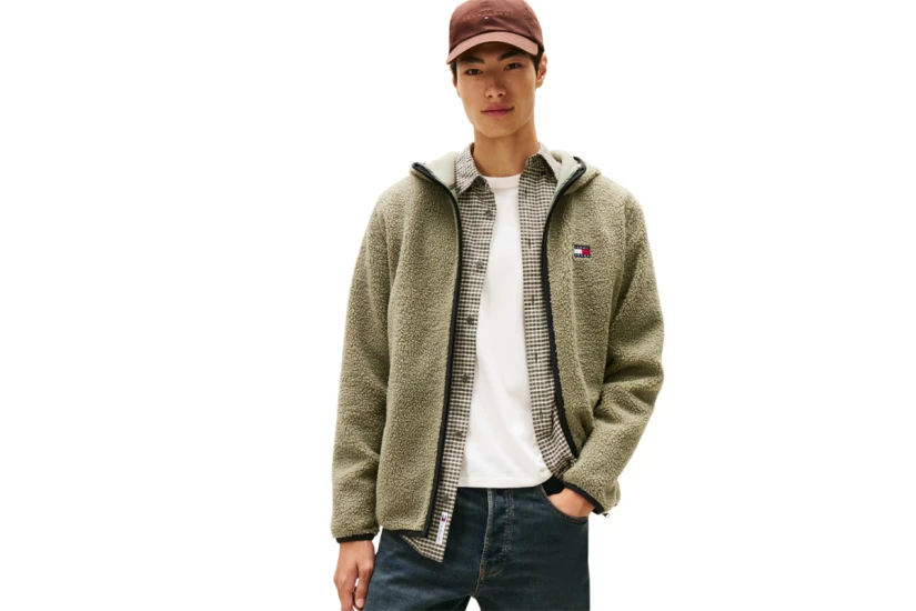 Tommy Jeans Teddy Zip-Thru Ανδρική Ζακέτα Sherpa με Κουκούλα Πράσινη