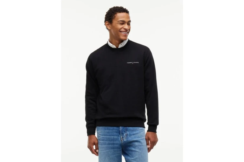 Tommy Jeans Linear Logo Embroidery Fleece Ανδρική Μακρυμάνικη Μπλούζα με Λαιμόκοψη Μαύρη