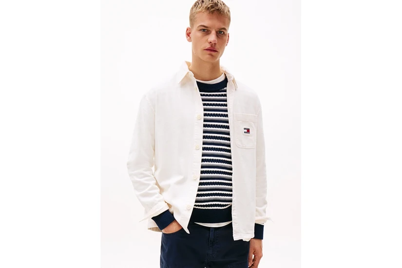 Tommy Jeans Cotton Slub Ανδρικό Μακρυμάνικο Πουκάμισο Εκρού