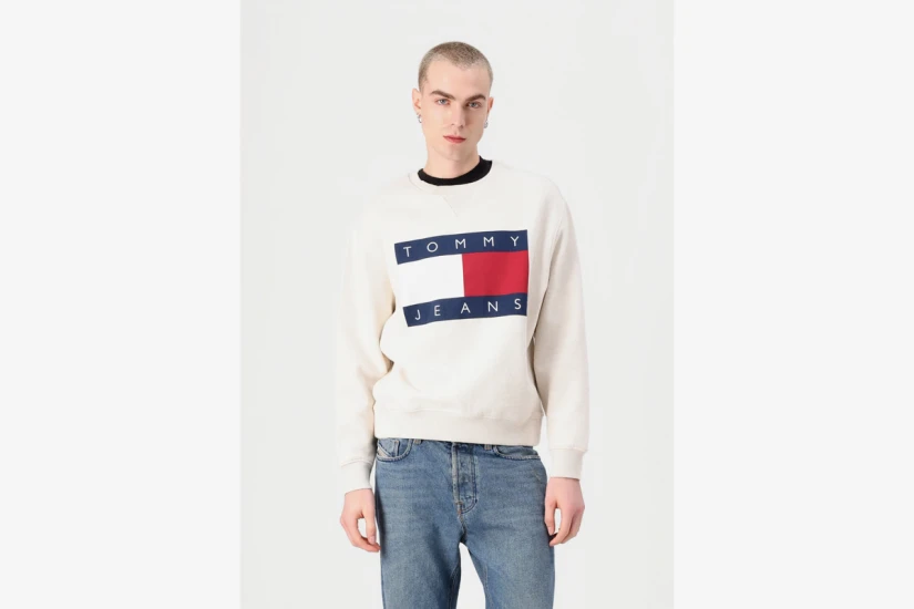 Tommy Jeans Melange Flag Crew Ανδρική Μακρυμάνικη Μπλούζα Εκρού