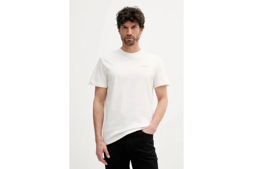 Tommy Jeans Linear Logo Ανδρικό Κοντομάνικο T-shirt Εκρού