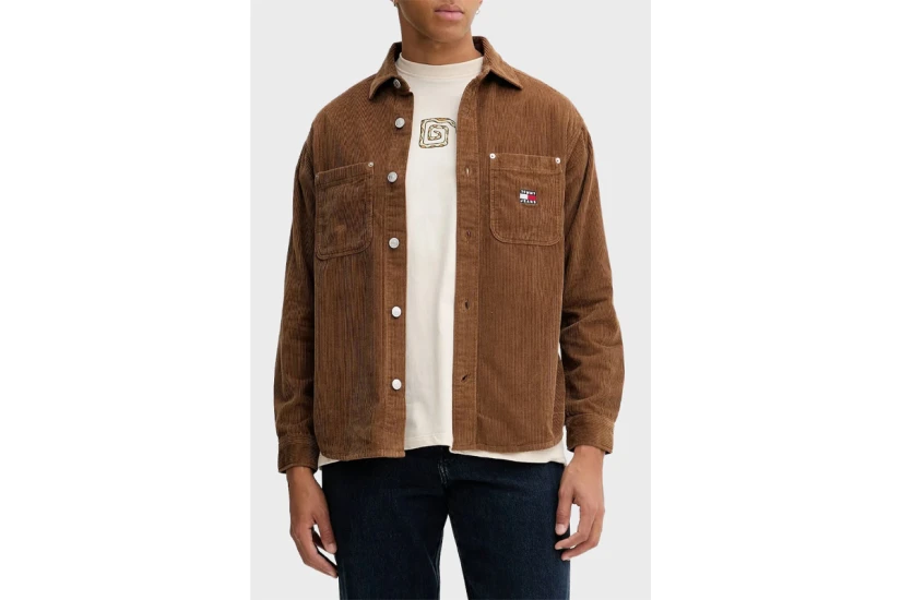 Tommy Jeans Logo Relaxed Corduroy Ανδρικό Μακρυμάνικο Πουκάμισο Καφέ
