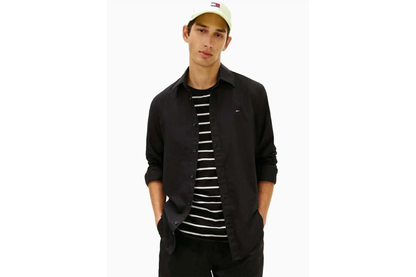 Tommy Jeans Flag Embroidery Poplin Ανδρικό Μακρυμάνικο Πουκάμισο Μαύρο