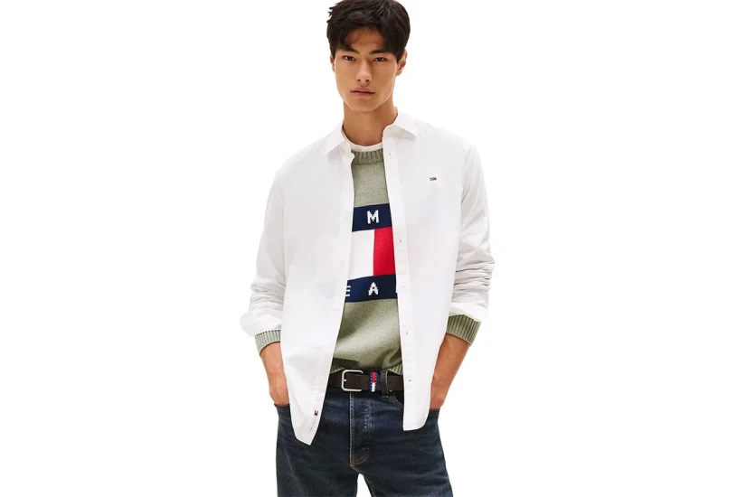 Tommy Jeans Flag Embroidery Poplin Ανδρικό Μακρυμάνικο Πουκάμισο Εκρού