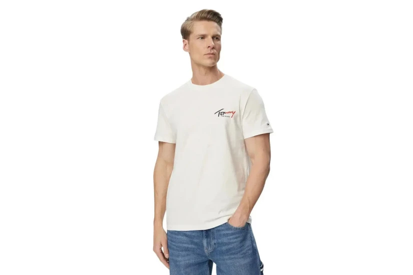 Tommy Jeans Signature Logo Slim Jersey Ανδρικό Κοντομάνικο T-Shirt Εκρού
