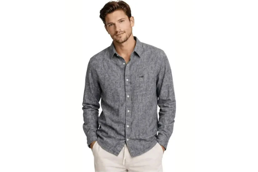 Tommy Jeans Regular Linen Blend Ανδρικό Μακρυμάνικο Πουκάμισο Γκρι Σκούρο