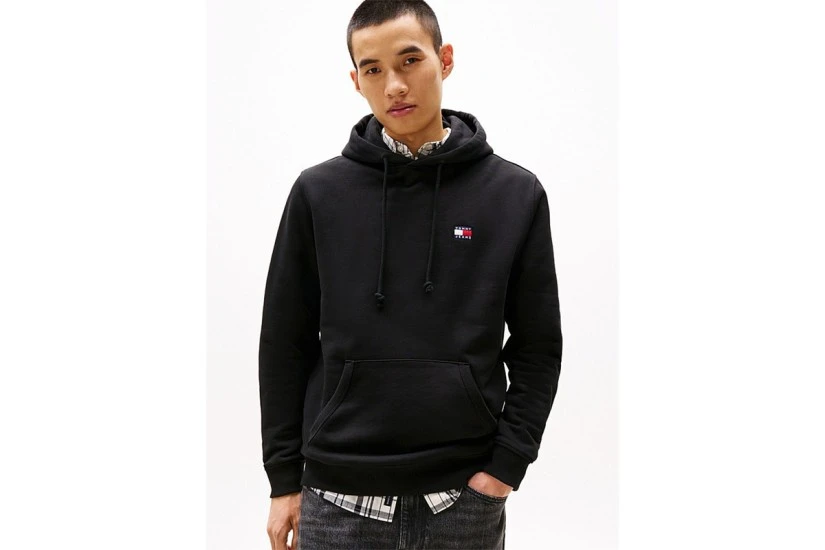 Tommy Jeans Badge Fleece Drawstring Ανδρικό Φούτερ με Κουκούλα Μαύρο