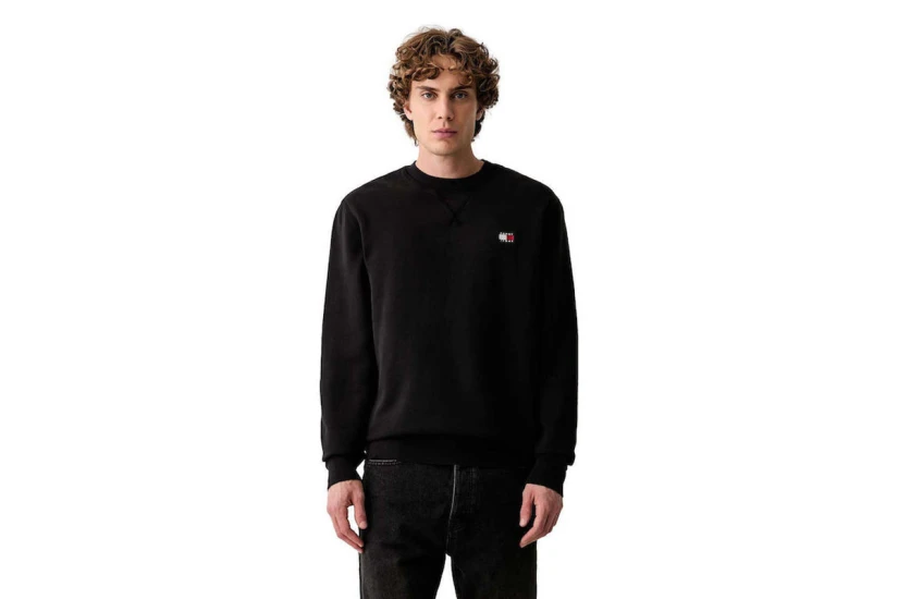 Tommy Jeans Badge Fleece Ανδρική Μακρυμάνικη Μπλούζα με Λαιμόκοψη Μαύρη