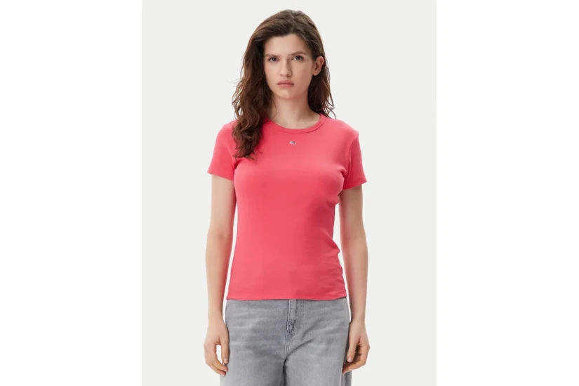 Tommy Jeans Slim Essential Rib Γυναικείο Κοντομάνικο T-Shirt Ροζ