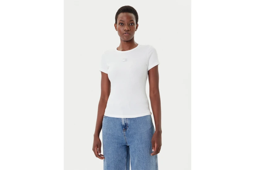 Tommy Jeans Badge Ribbed Γυναικείο Κοντομάνικο T-Shirt Λευκό