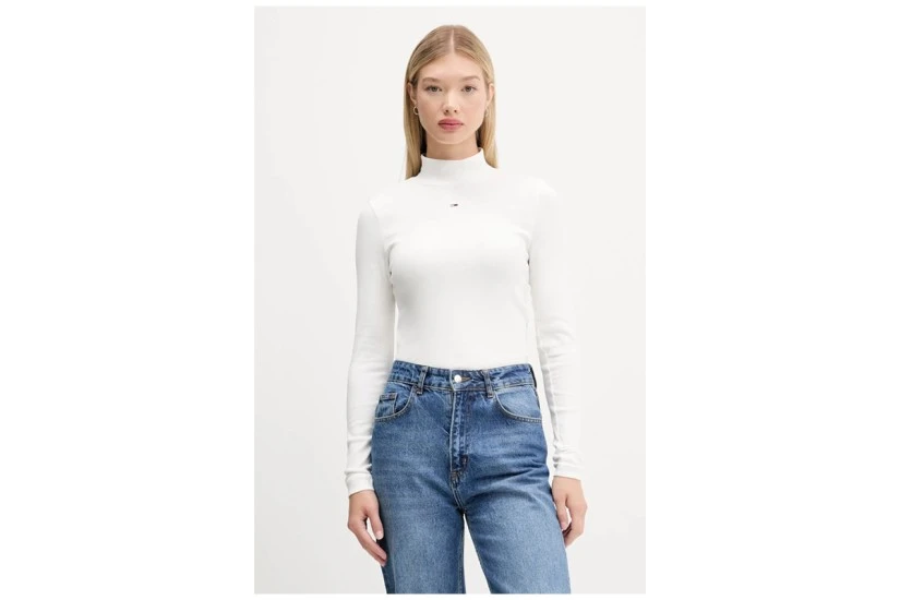 Tommy Jeans Slim Fit Γυναικεία Μακρυμάνικη Μπλούζα με Ψηλό Λαιμό Εκρού