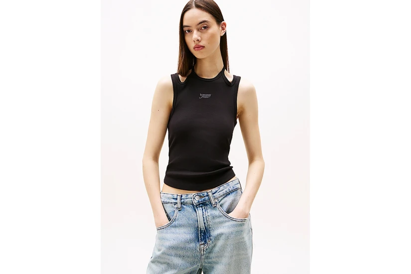Tommy Jeans Ribbed Slim Halterneck Γυναικεία Αμάνικη Μπλούζα Μαύρη