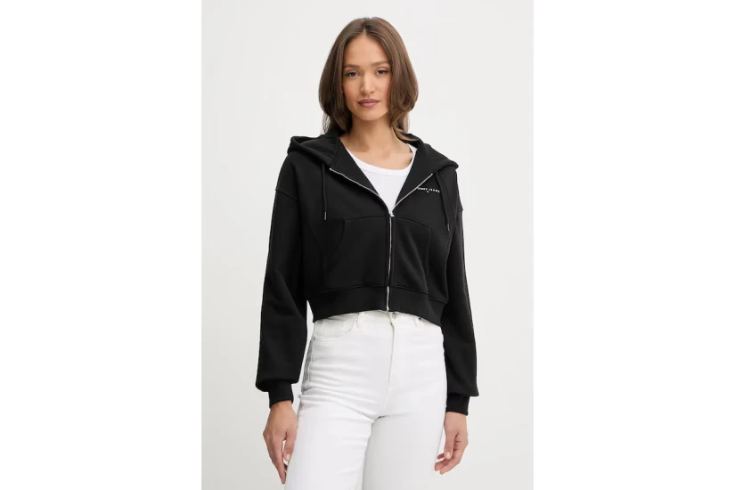 Tommy Jeans Linear Crop Γυναικεία Βαμβακερή Ζακέτα με Κουκούλα Μαύρη