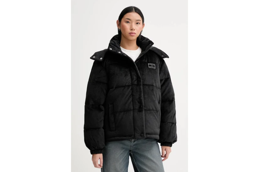 Tommy Jeans Quilted Velvet Γυναικείο Μπουφάν Puffer με Κουκούλα Μαύρο