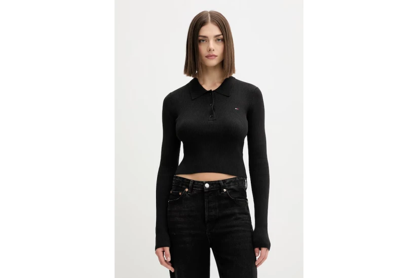 Tommy Jeans Γυναικεία Μακρυμάνικη Μπλούζα Polo Μαύρη