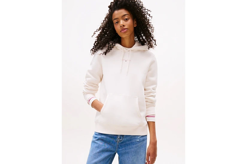 Tommy Jeans Linear Logo Fleece Γυναικείο Φούτερ με Κουκούλα Εκρού